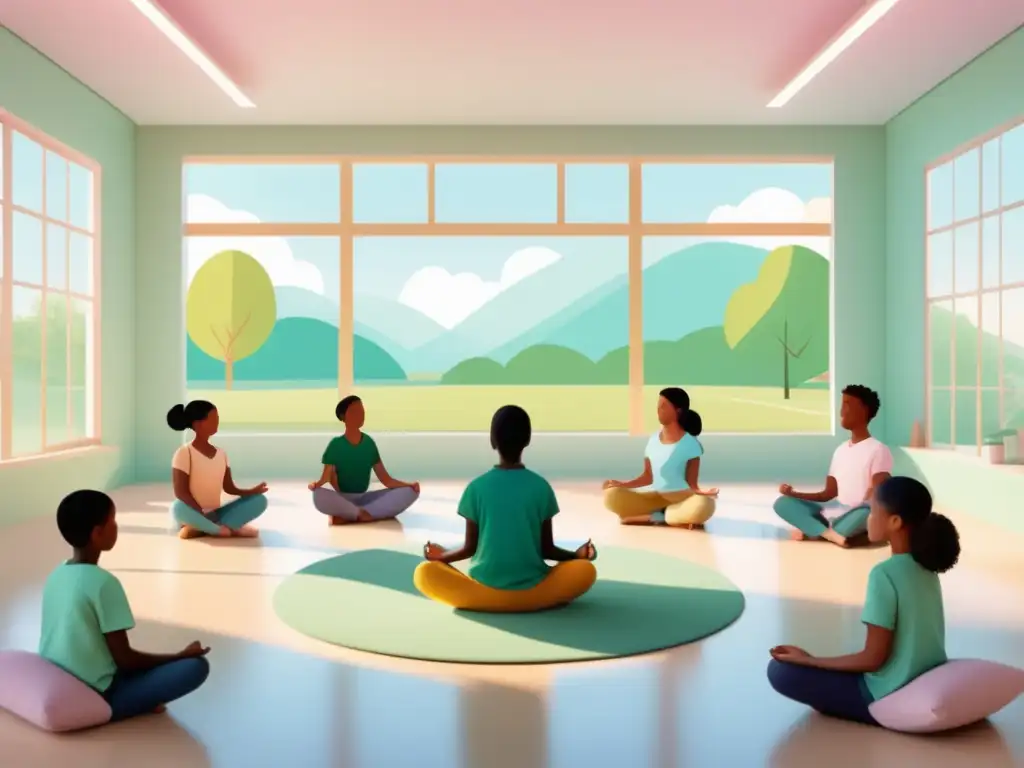 Técnicas de Mindfulness en aula: ambiente sereno y motivador con estudiantes practicando meditación y respiración profunda