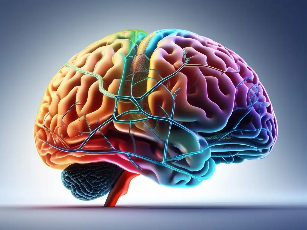 Imagen de un cerebro humano en 8k con colores vibrantes y vías neuronales intrincadas, en estilo minimalista y moderno