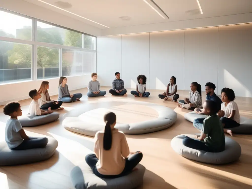 Beneficios del mindfulness en educación: Imagen de aula serena con estudiantes practicando técnicas de respiración y mindfulness