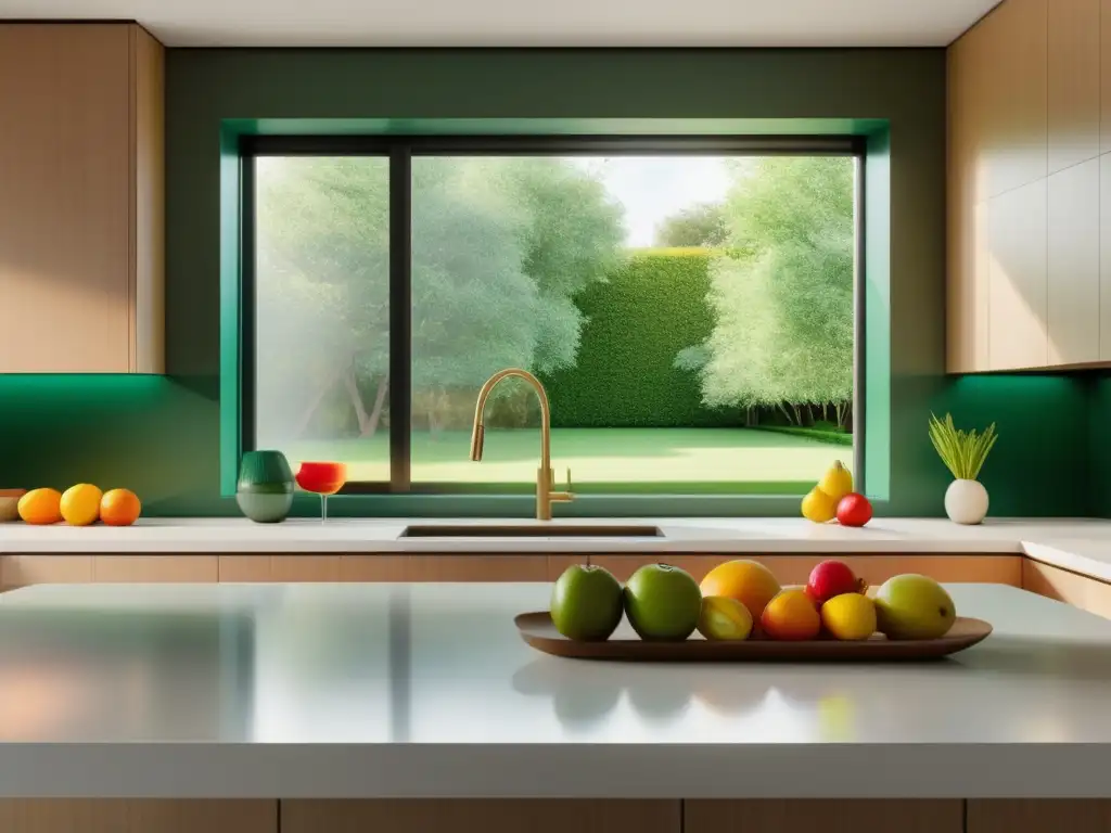 Cocina minimalista y serena con luz natural y vista al jardín - Comida y ánimo: Mitos y verdades