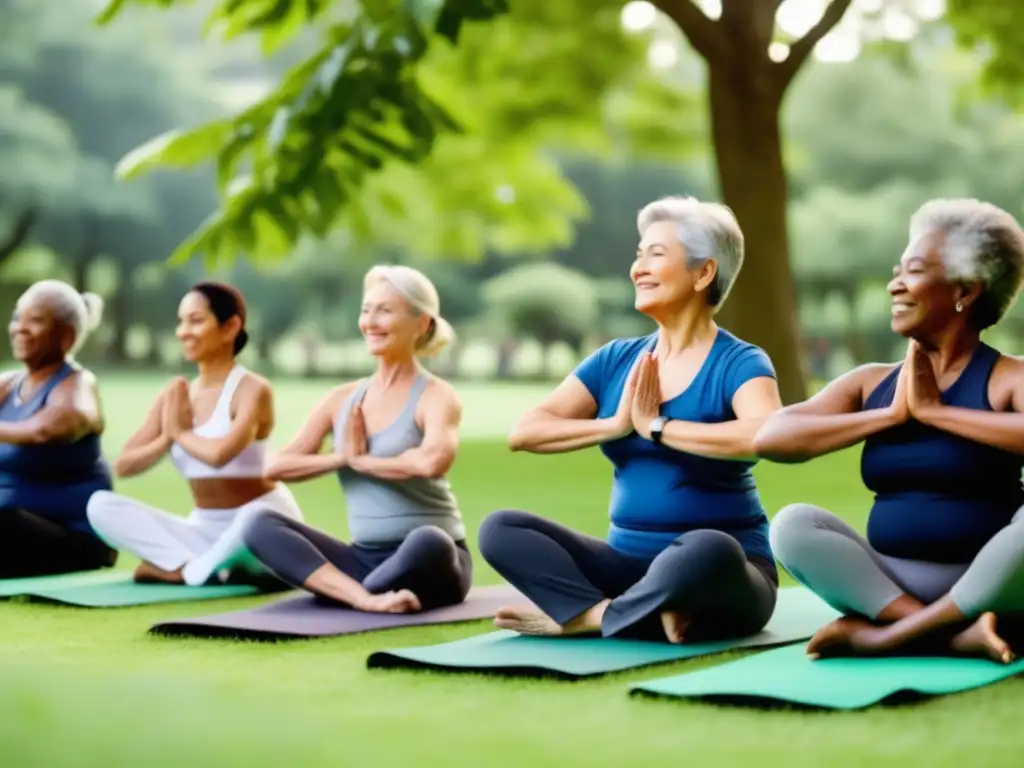 Técnicas bienestar mental en la vejez: grupo diverso de personas mayores practicando yoga, socializando y jugando ajedrez en un parque tranquilo