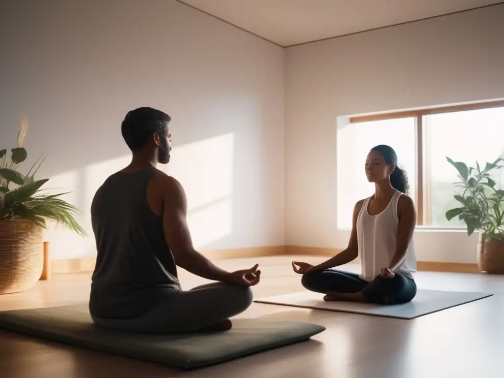 Dos personas practicando mindfulness en un espacio de meditación, promoviendo beneficios en relaciones interpersonales