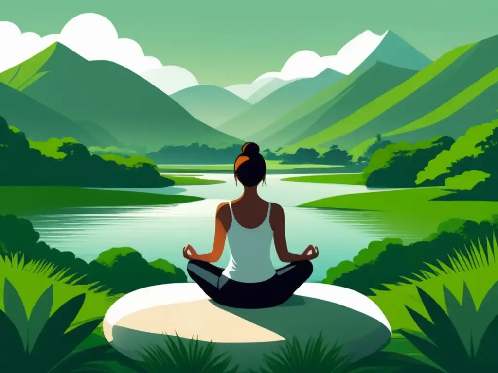 Imagen de mindfulness con persona en meditación rodeada de naturaleza y paisaje sereno