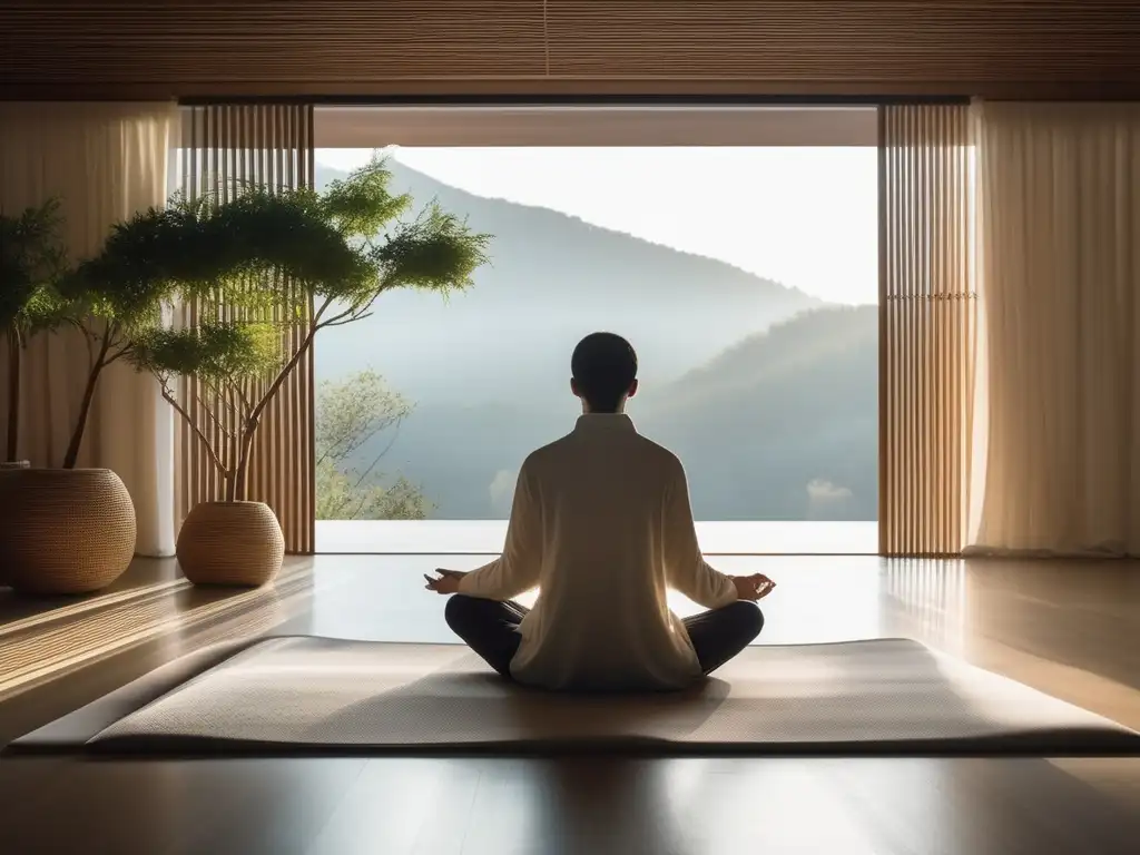 Persona meditando en una habitación minimalista y tranquila