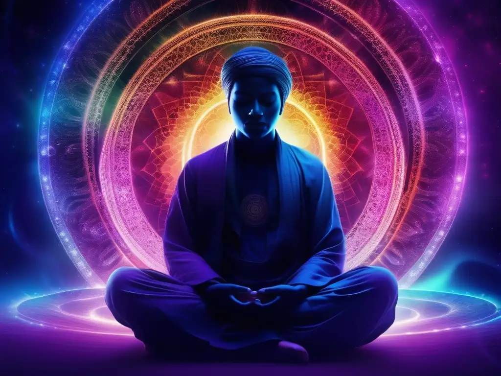 Persona en postura meditativa rodeada de energía Kundalini, transmitiendo paz y transformación