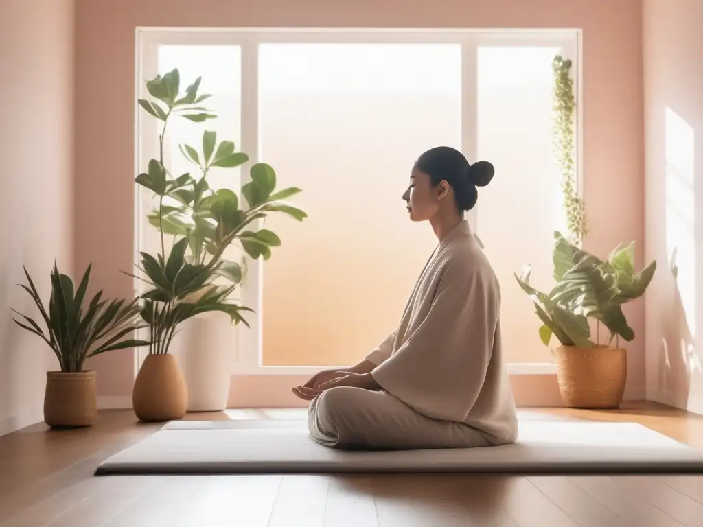 Beneficios meditación transformativa en entorno sereno y minimalista