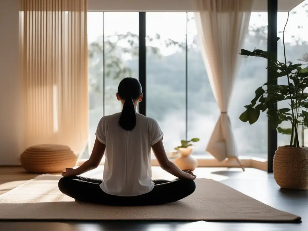 Técnicas de mindfulness para equilibrio emocional: persona en meditación en una habitación minimalista y tranquila