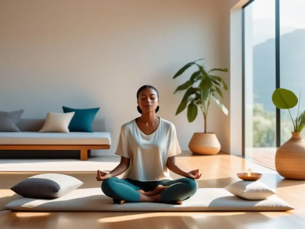 Imagen de persona practicando mindfulness en una habitación luminosa y tranquila con objetos cotidianos