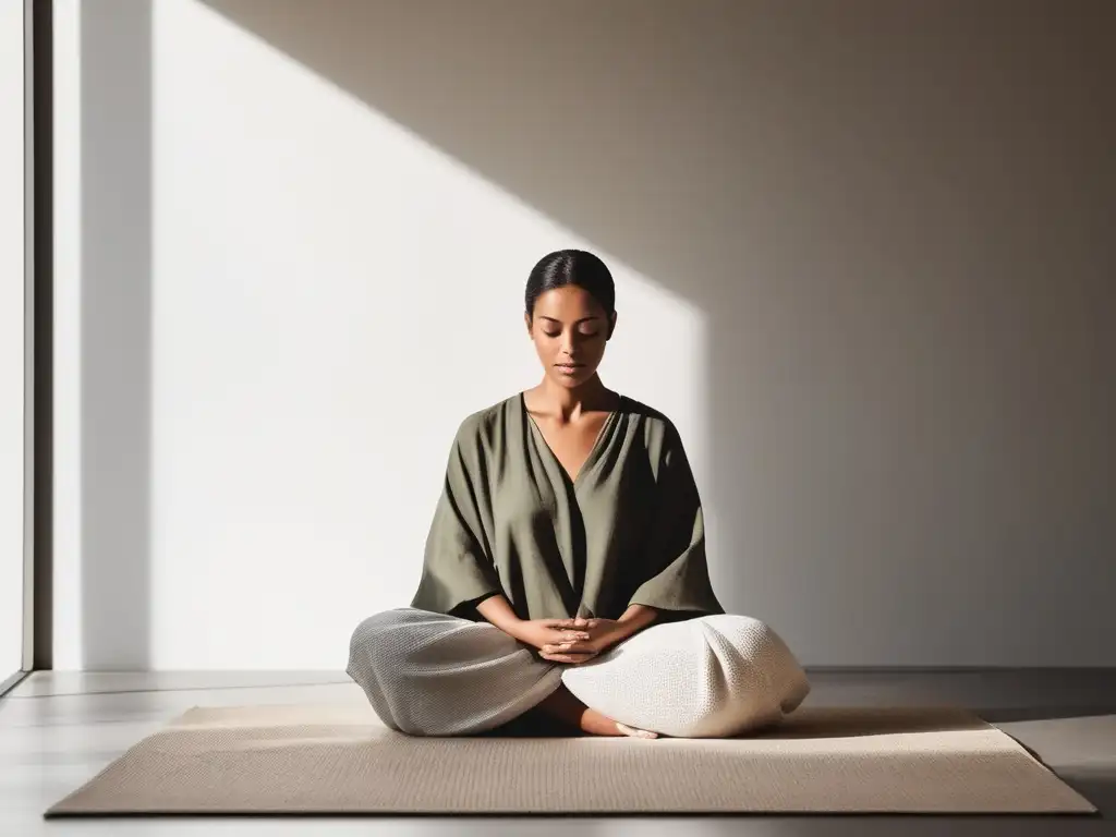 Persona en meditación con luz natural, transmitiendo tranquilidad y practicando mindfulness