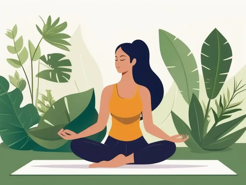 Beneficios de hábitos saludables diarios: mujer practicando yoga rodeada de plantas verdes