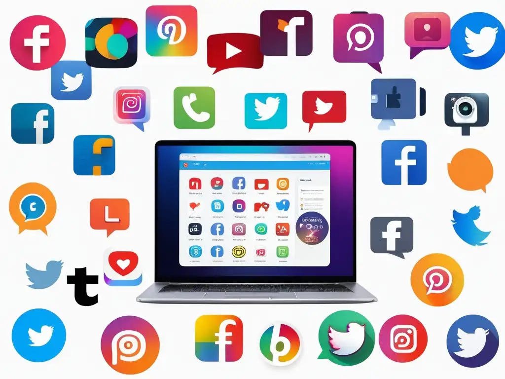 Una pantalla de laptop minimalista muestra una vibrante alimentación de redes sociales, destacando la importancia de la comunicación asertiva en línea