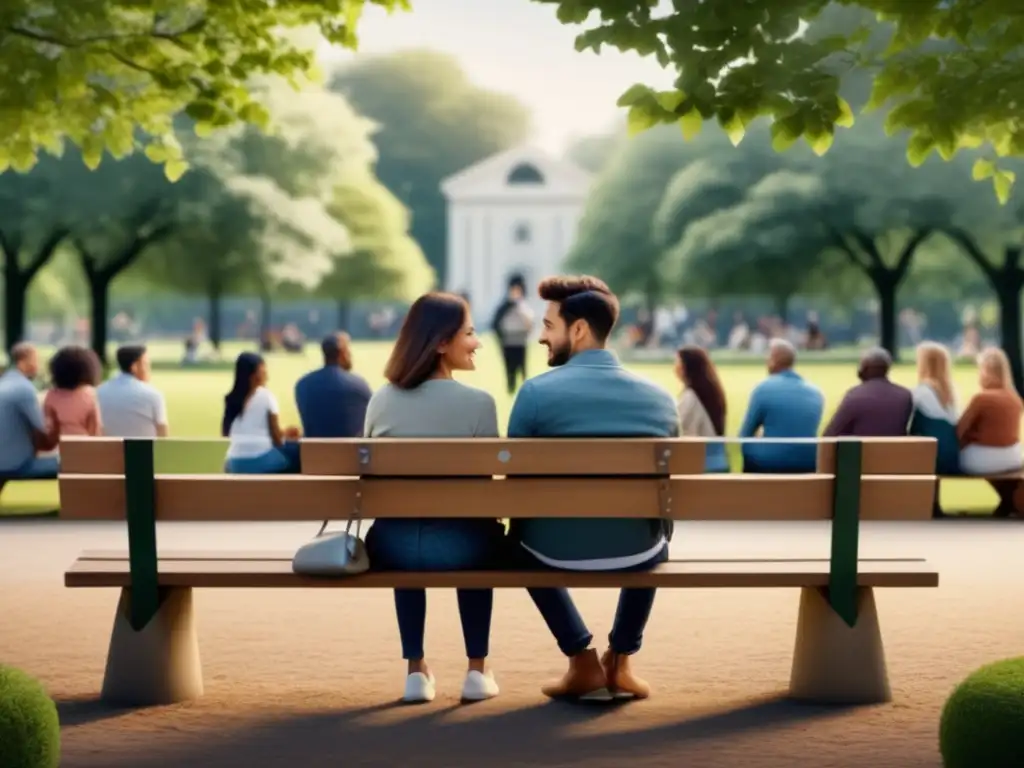 Pareja en el parque rodeada de familiares y amigos, destacando la importancia de las relaciones personales