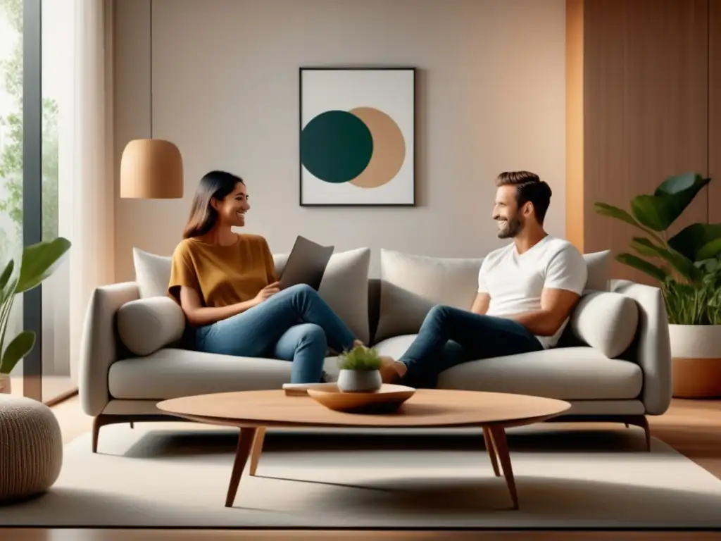 Técnicas de comunicación efectiva en la pareja: Sala minimalista y acogedora con pareja sonriente en un sofá contemporáneo