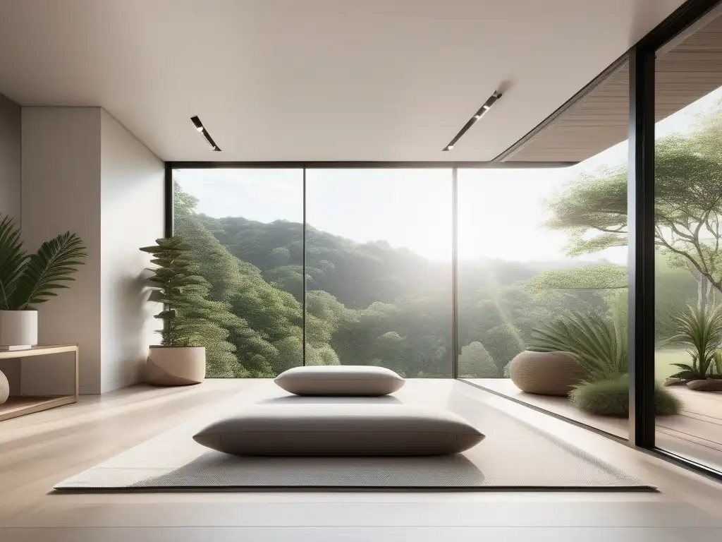 Meditación para sanar mente y cuerpo en una habitación minimalista con vista a la naturaleza