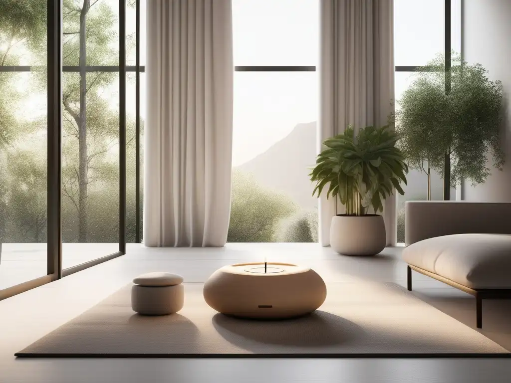 Fundamentos de salud mental y equilibrio emocional en una habitación minimalista de meditación con vista a un jardín tranquilo