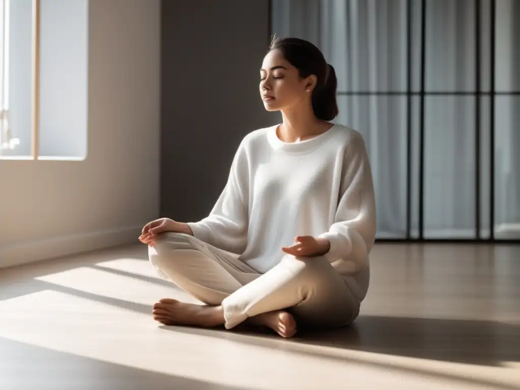 Persona meditando en una habitación minimalista y tranquila - Técnica de meditación de observación de pensamientos