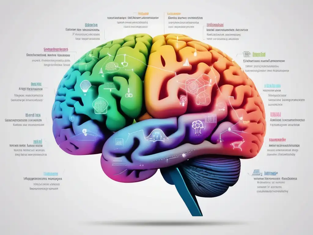 Ilustración del cerebro humano con regiones destacadas y funciones etiquetadas