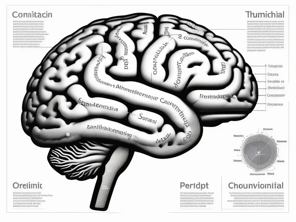 Técnicas de aprendizaje eficiente: Detallada imagen de un cerebro humano en tonos grises, resaltando sus pliegues y regiones anatómicas