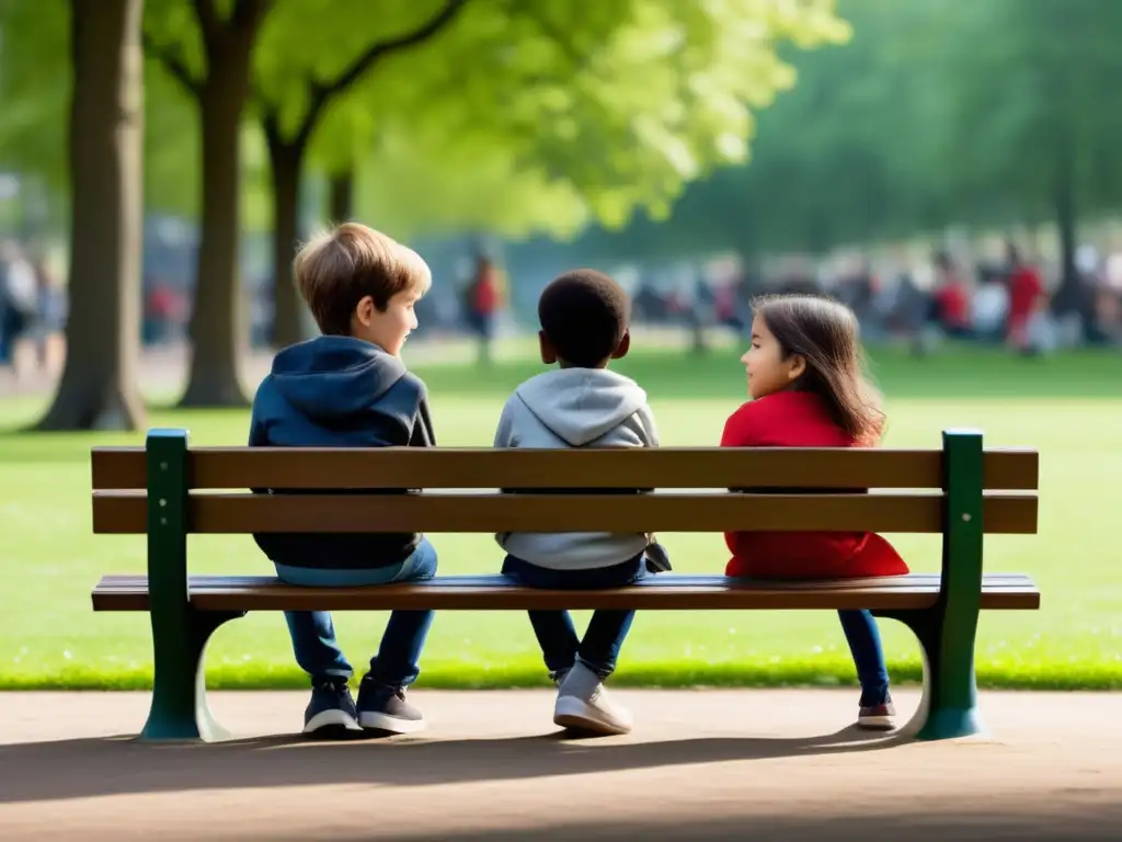 Consejos para niños en divorcio: Imagen minimalista de dos niños en un banco del parque, mostrando emociones y estabilidad