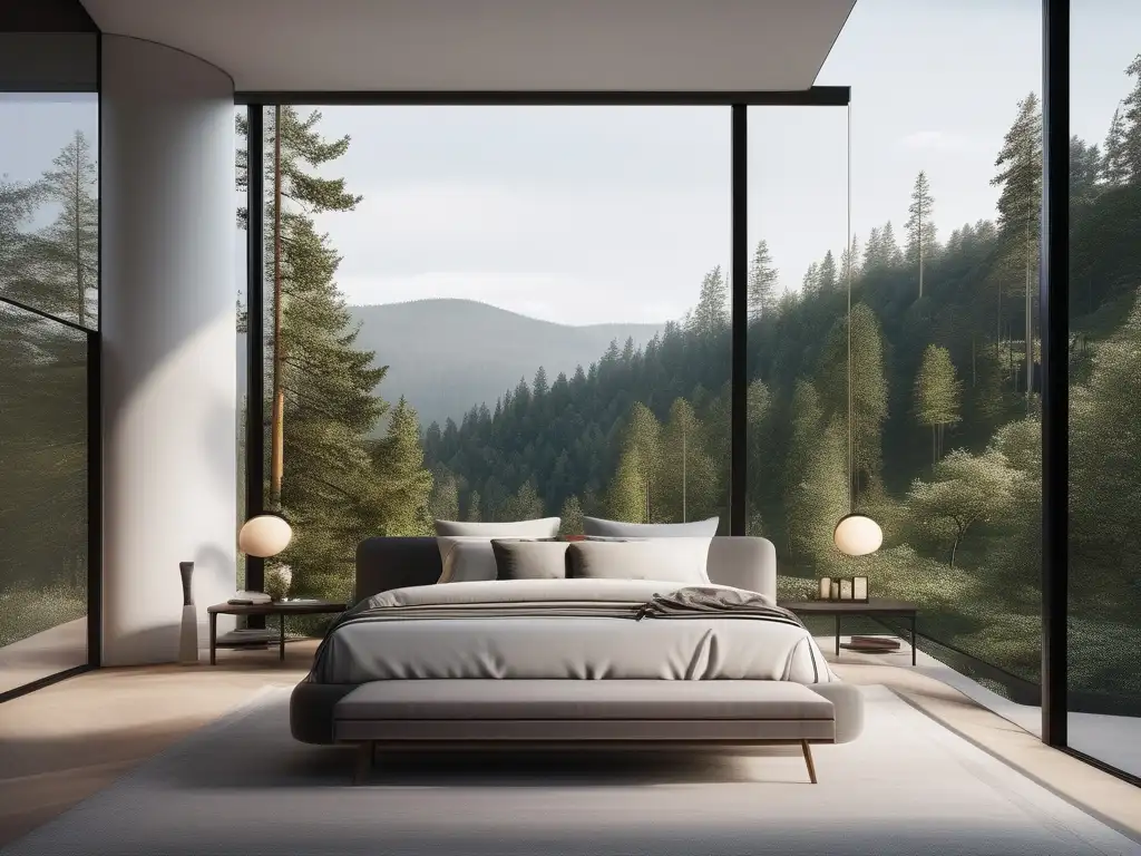 Habitación minimalista y relajante con vista a un bosque tranquilo