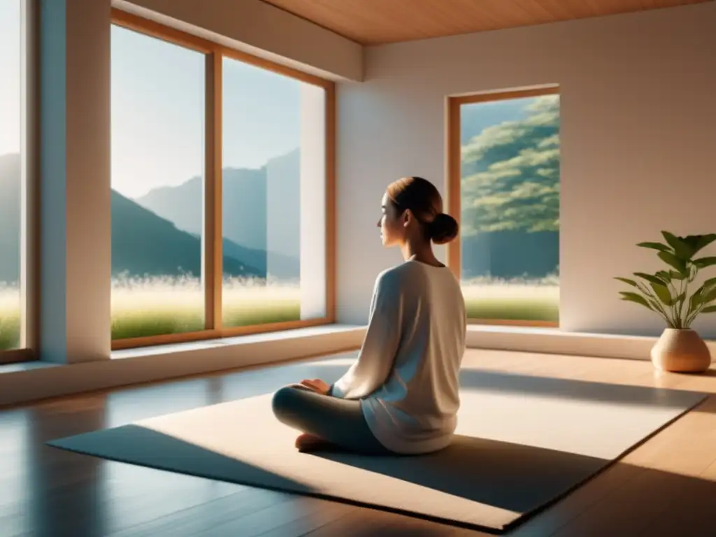 Imagen: Persona meditando en una habitación bien iluminada, rodeada de elementos empresariales