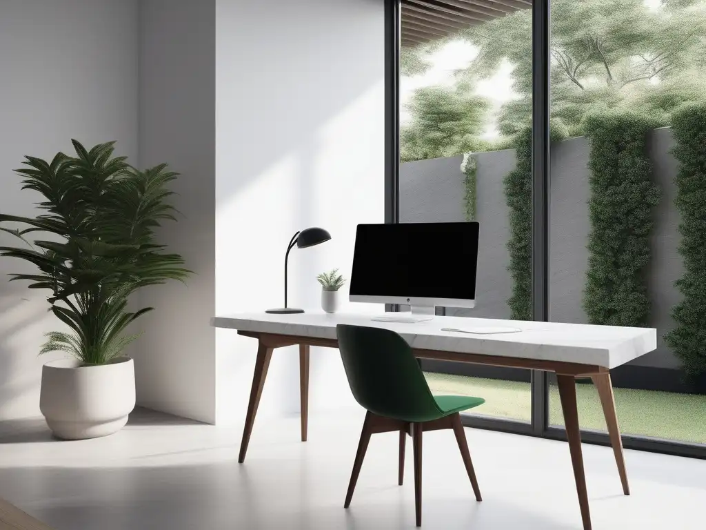 Espacio de trabajo minimalista y sereno con vista a paisaje verde