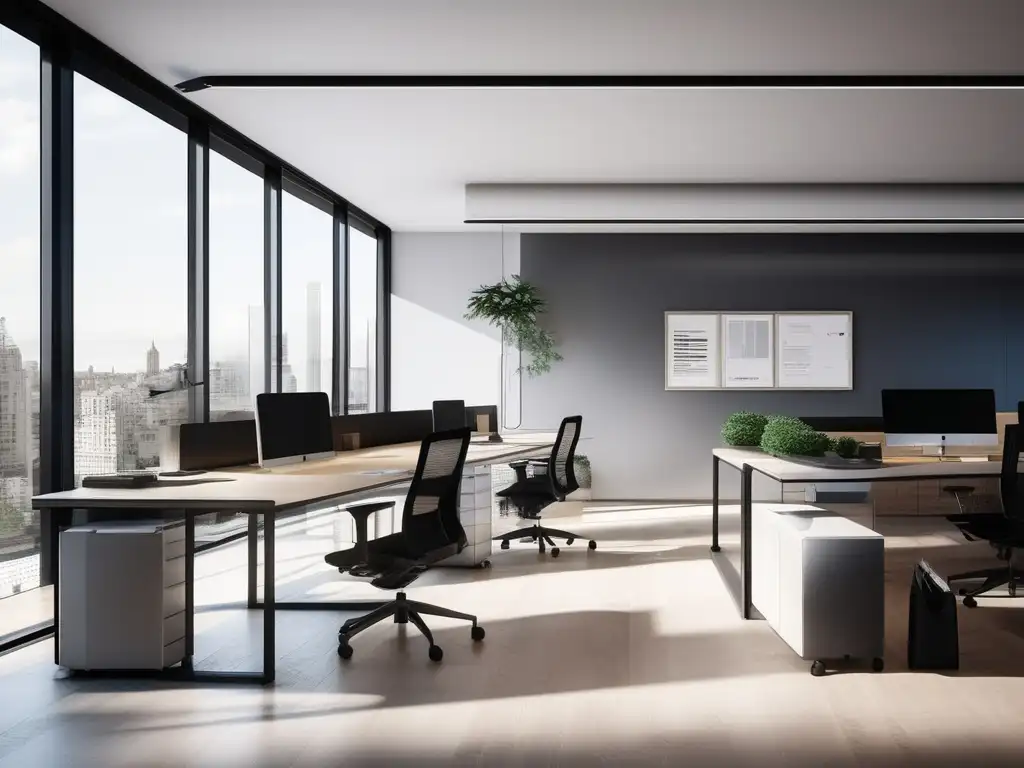 Espacio de trabajo moderno y minimalista con luz natural, muebles ergonómicos y área de meditación