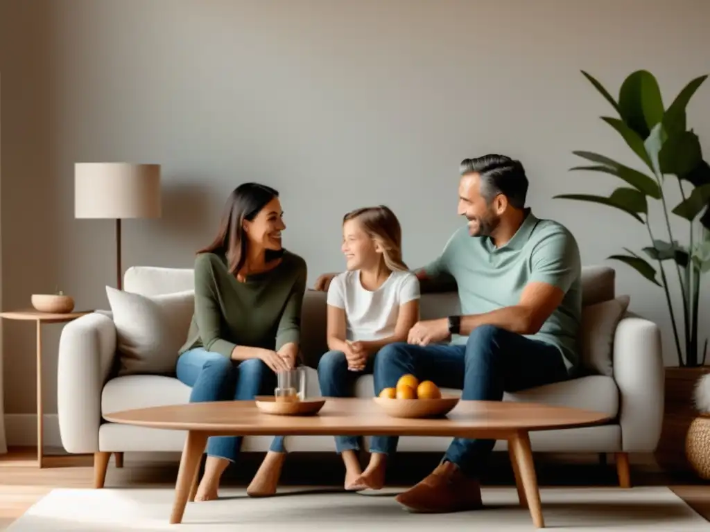 Terapia familiar sistémica: Equilibrio emocional y bienestar familiar en una acogedora sala de estar con una familia unida y serena