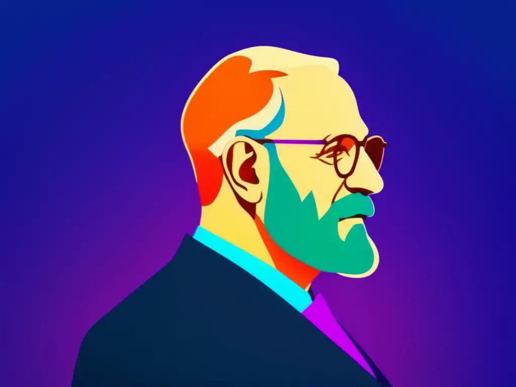 Importancia de la psicología freudiana en salud mental: Silueta minimalista de Sigmund Freud con colores vibrantes