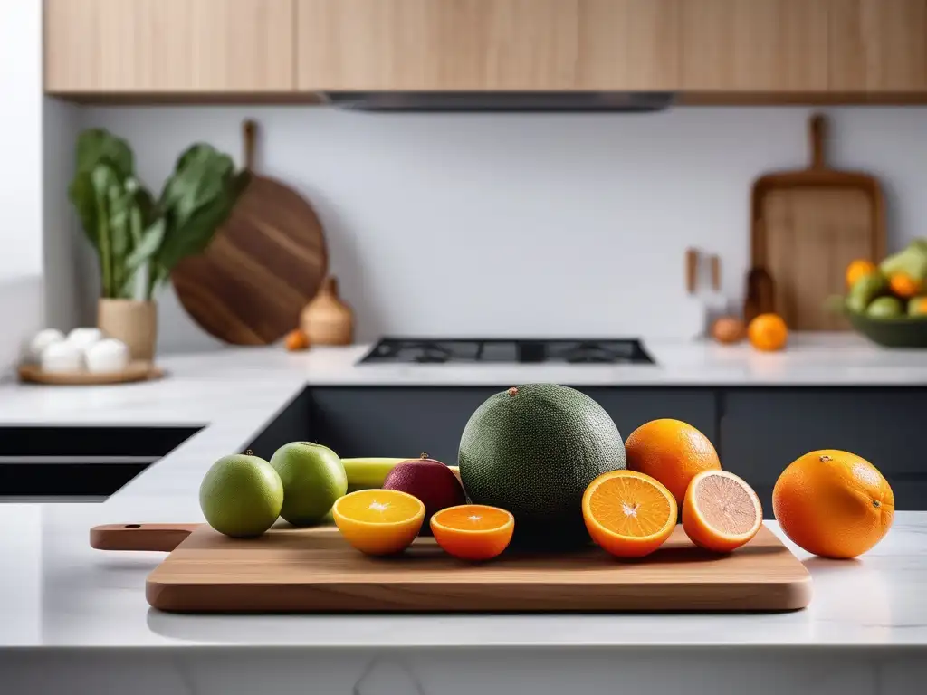 Alimentos para mejorar estado de ánimo: cocina minimalista con frutas y verduras vibrantes