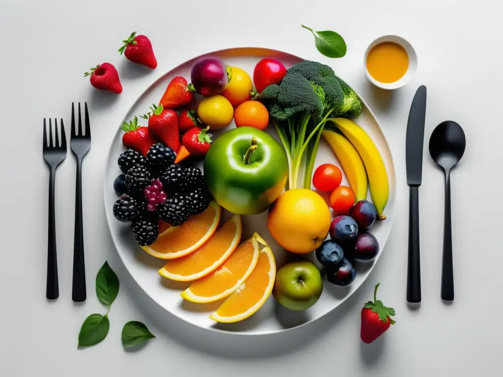 Plato con frutas y verduras coloridas para mejorar estado de ánimo