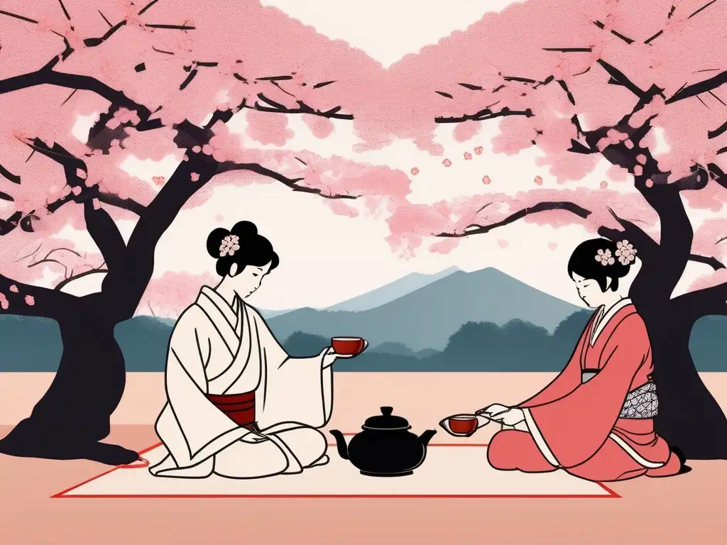 Impacto salud mental cultura japonesa: ceremonia del té japonesa en un escenario sereno de sakura en flor, reflejando equilibrio y armonía