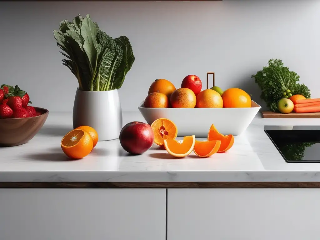 Importancia de la alimentación en el estado de ánimo: cocina minimalista con frutas y verduras vibrantes en una encimera blanca