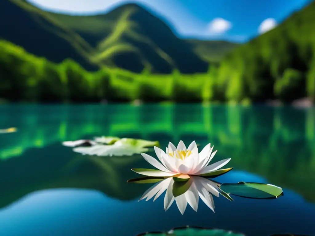 Imagen: Lago sereno rodeado de montañas verdes, agua cristalina reflejando cielo azul, flor de loto simbolizando crecimiento y autoempoderamiento