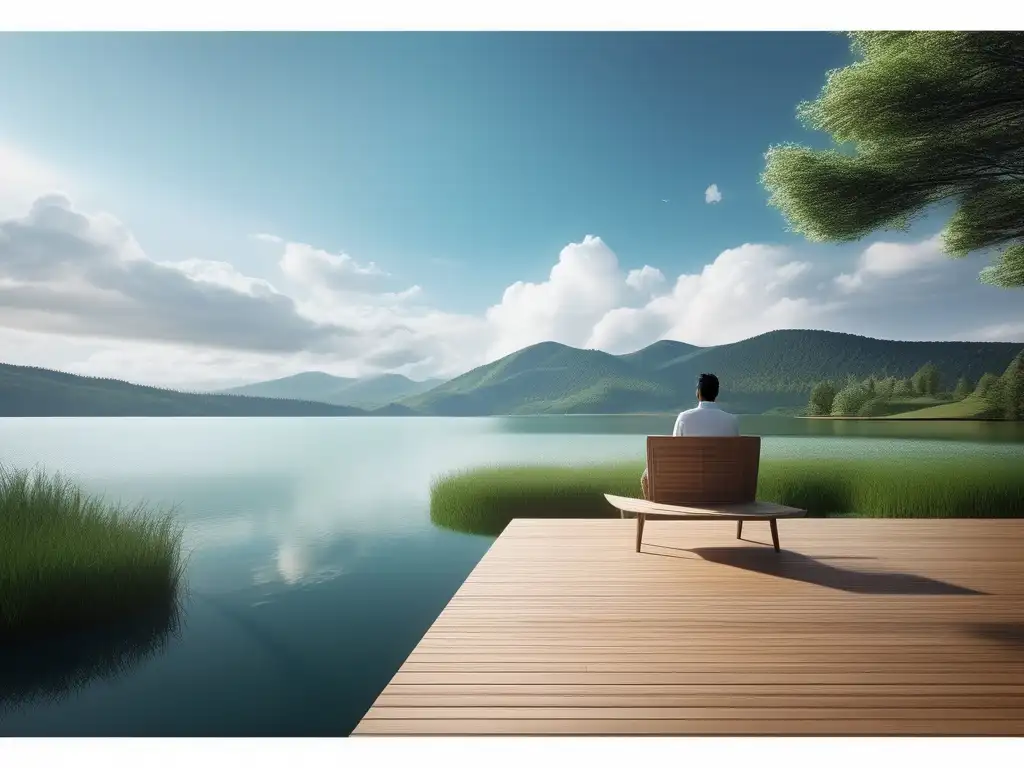 Imagen 8K de escena minimalista con lago y montañas verdes