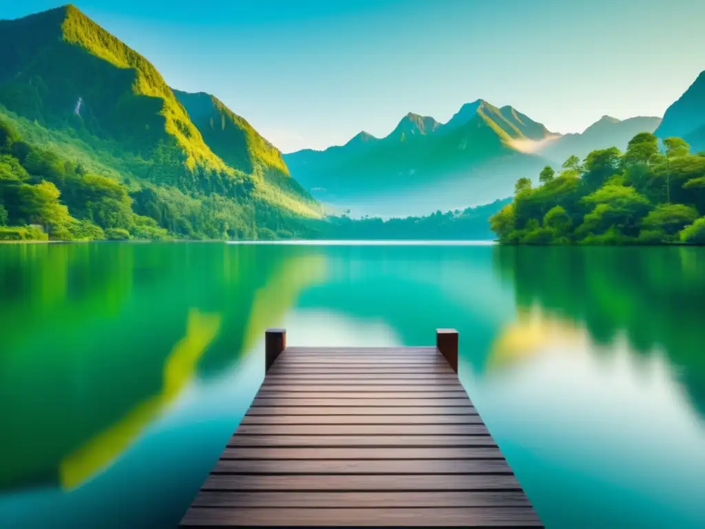 Imagen de sereno lago rodeado de naturaleza exuberante y montañas, reflejando armonía y equilibrio