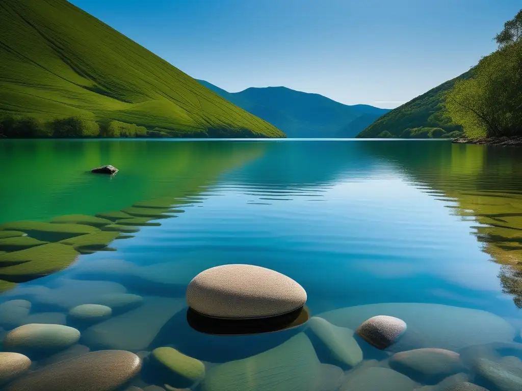 Paisaje tranquilo con lago y montañas verdes - Conceptos básicos salud mental