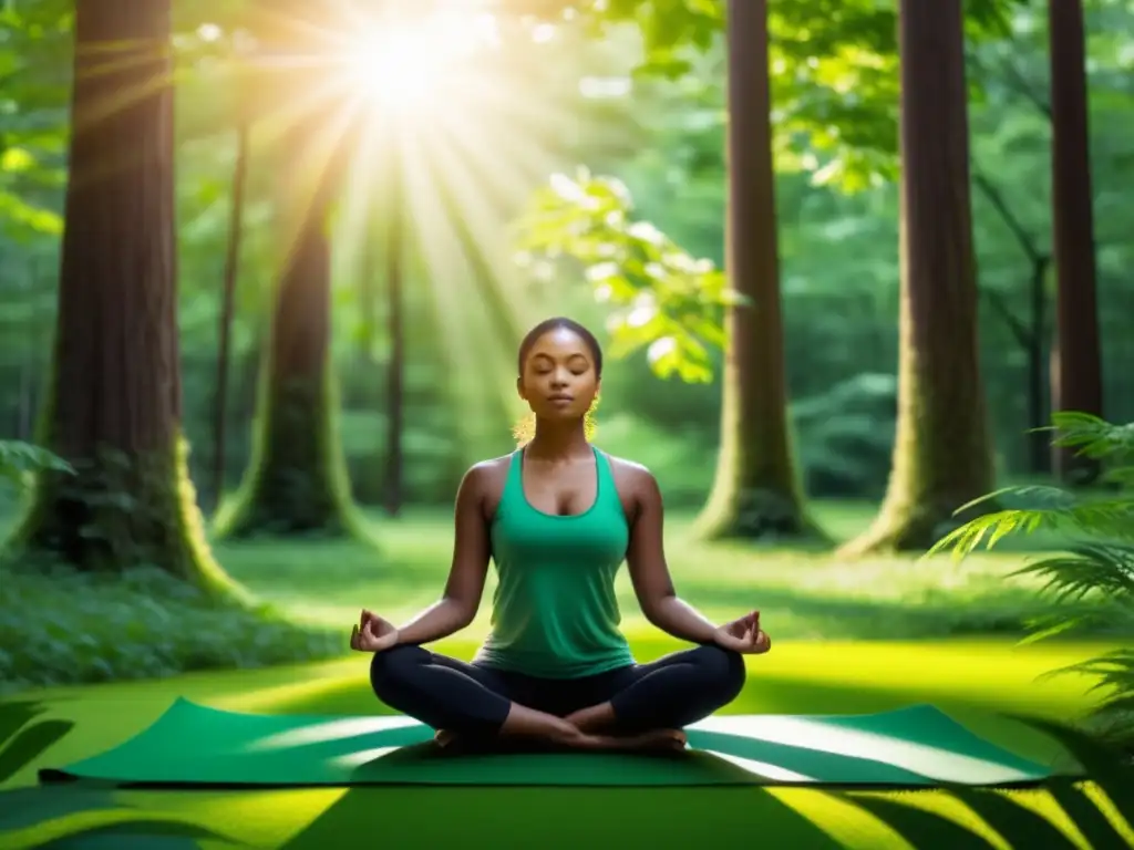 Imagen de meditación en un bosque verde, simbolizando la prevención del burnout con hábitos saludables