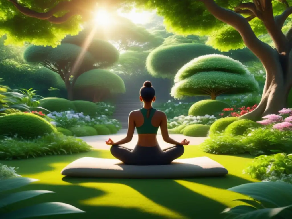 Importancia salud mental desarrollo sostenible: imagen de meditación en jardín sereno y vibrante