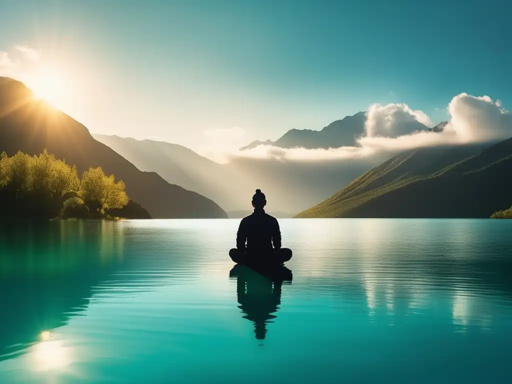 Técnicas de visualización en PNL para el equilibrio emocional: Persona meditando junto a un lago turquesa rodeado de montañas verdes