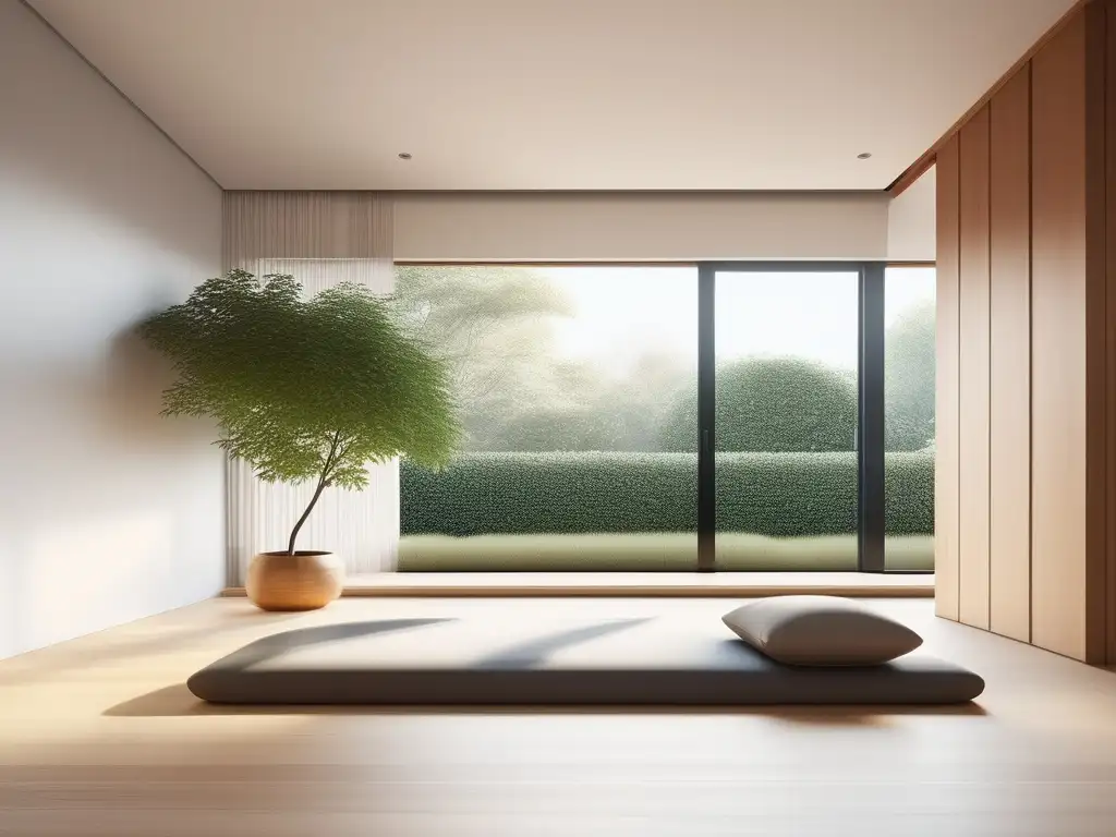 Sala de meditación minimalista con luz natural y vista al jardín