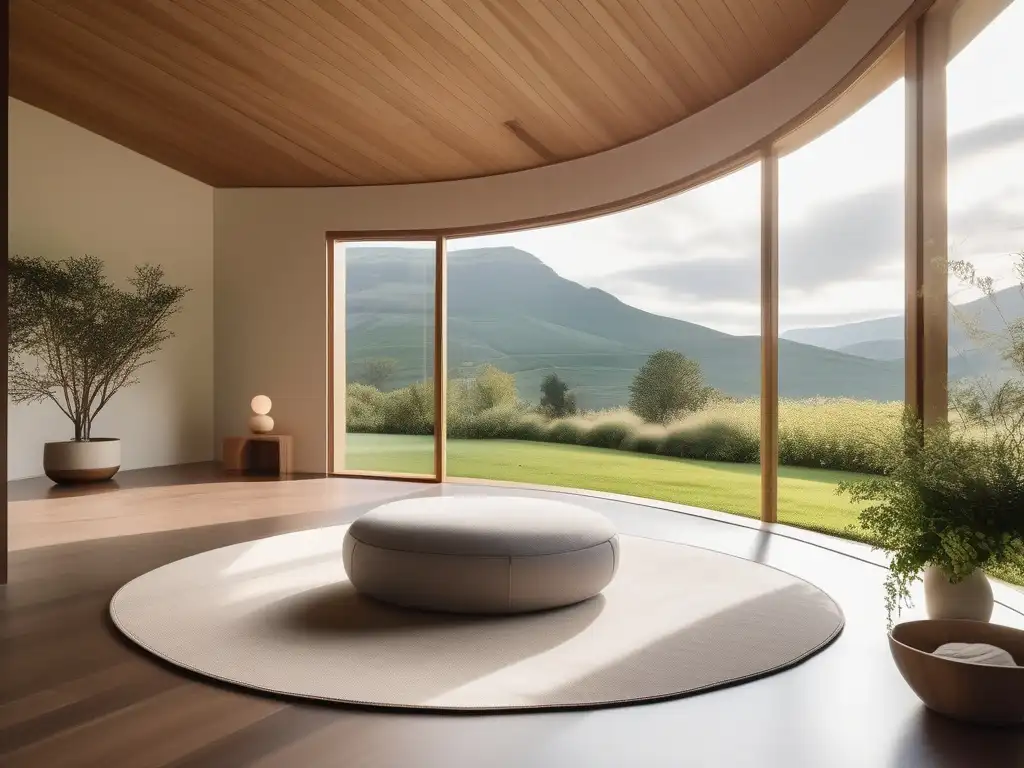 Espacio de meditación minimalista con vista a un paisaje tranquilo