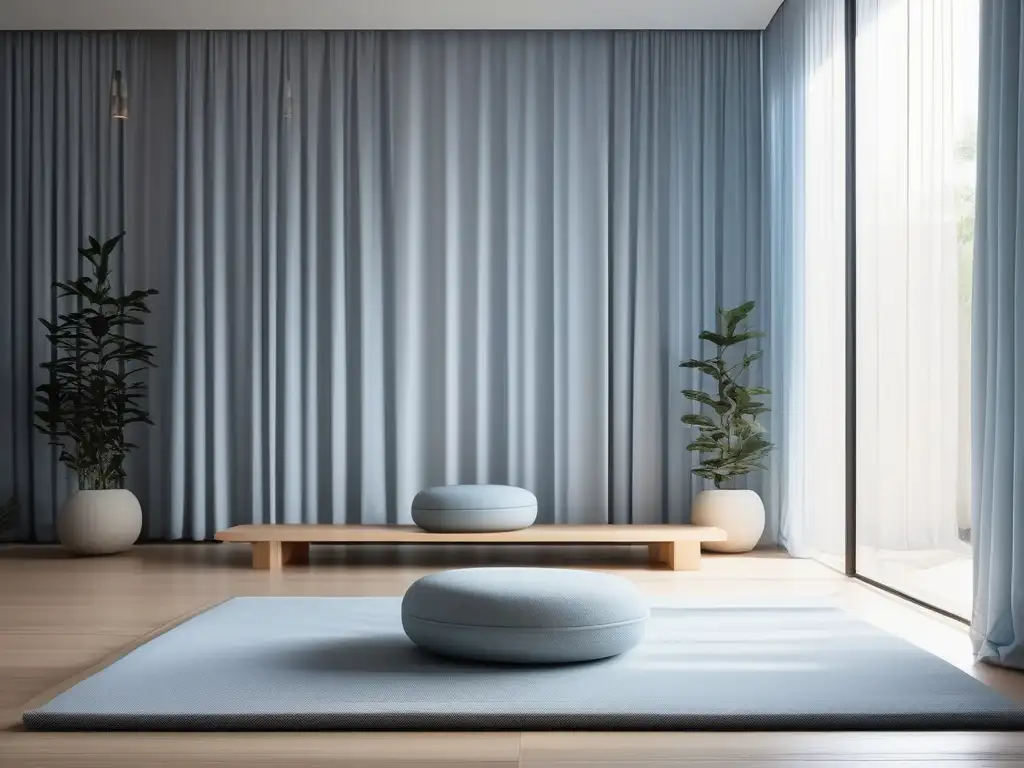 Beneficios meditación: sala minimalista, serenidad, luz natural, cojín moderno, elementos decorativos