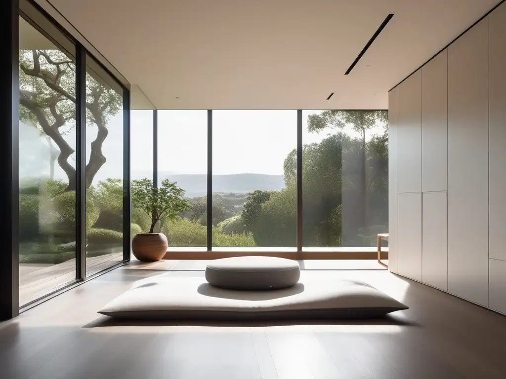 Espacio de meditación minimalista con vistas al jardín para manejo del estrés en la adolescencia