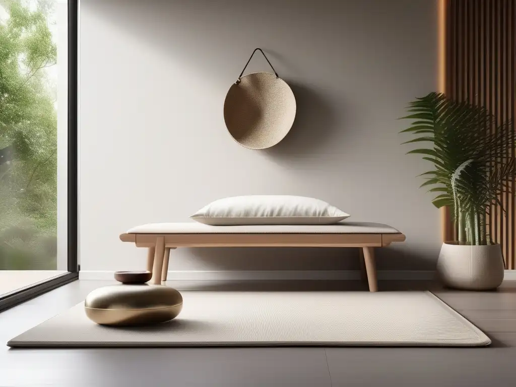 Meditación en una habitación minimalista y serena, con luz natural suave