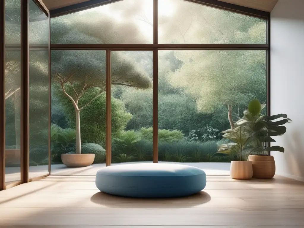 Una sala de meditación minimalista con vista a un jardín exuberante, luz natural suave y cojín de meditación azul