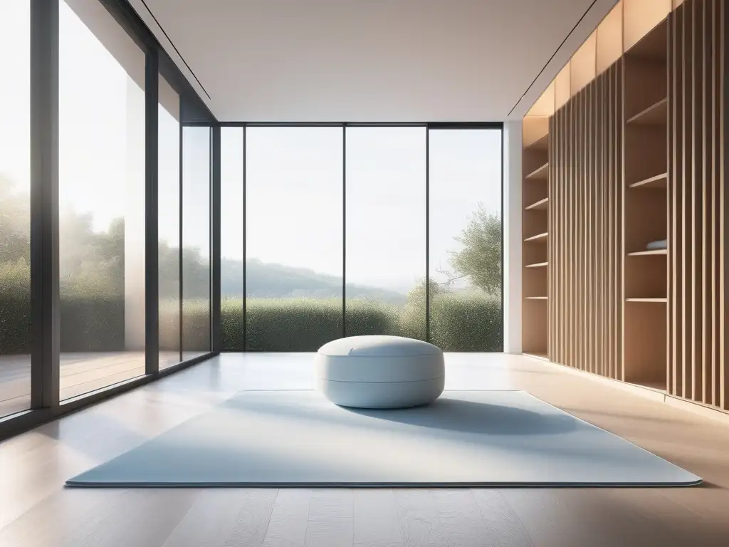 Espacio de meditación minimalista con luz natural y elementos decorativos para practicar mindfulness y mejorar bienestar