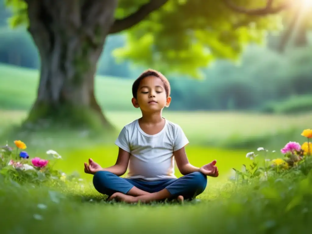 Niño meditando en un prado verde: Beneficios de la meditación para niños