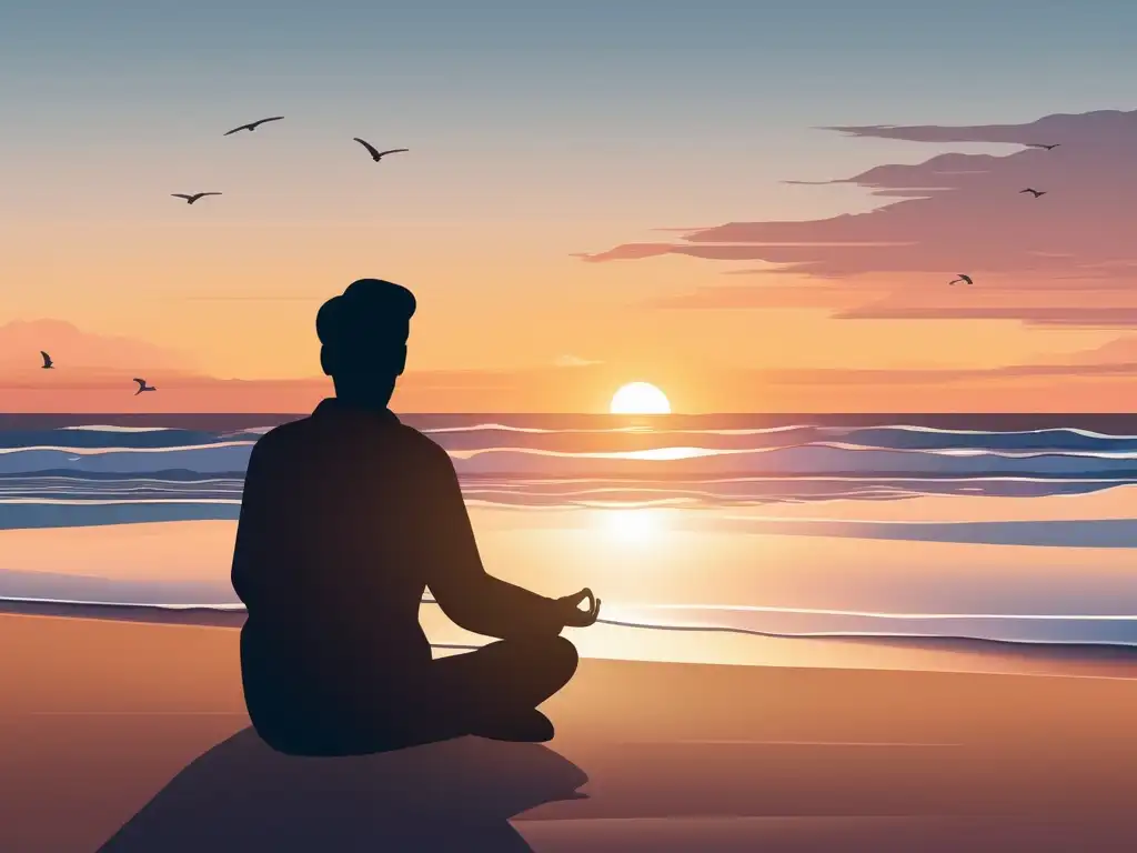 Aprendizaje para reducir estrés y mejorar bienestar en una playa serena con persona en meditación y atardecer