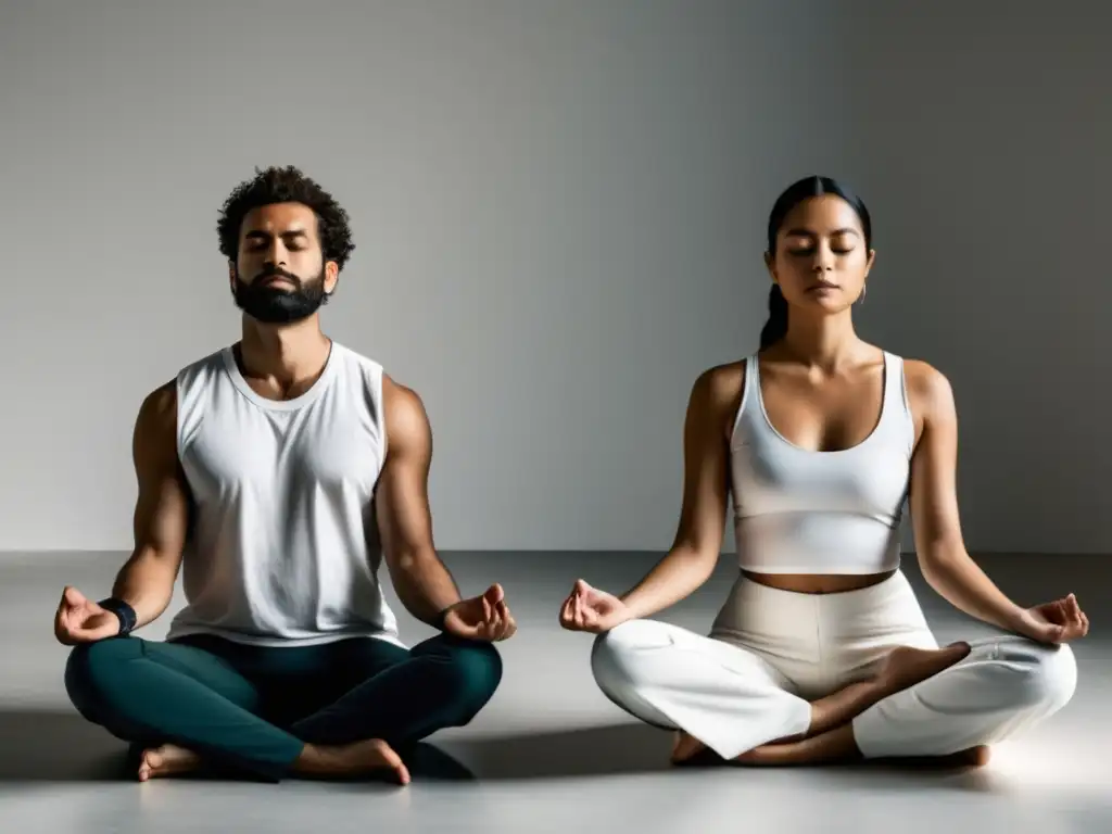 Beneficios meditación en relaciones interpersonales: imagen 8k minimalista, individuos meditando con energía positiva